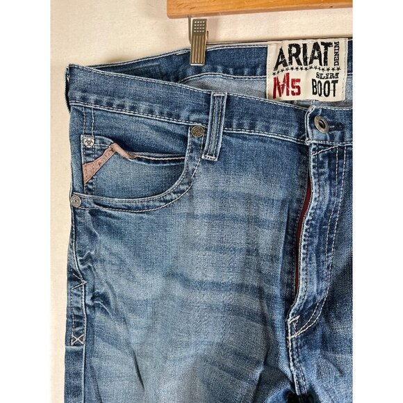 ARIAT M5 Mens Size 40W 34L Denim Blue Jean Slim Bootcut Thrash Distressed Grunge - Picture 11 of 16